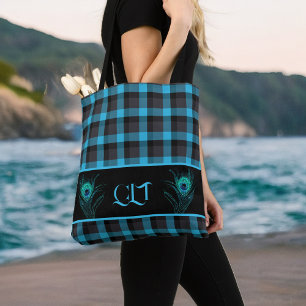 Tote Bag Plumes de paon noir turquoise Monogramme