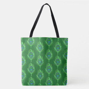 Tote Bag Plumes de paon, vert citron sur vert émeraude