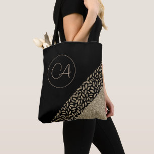 Tote Bag Plumes d'or sur Monogramme noir