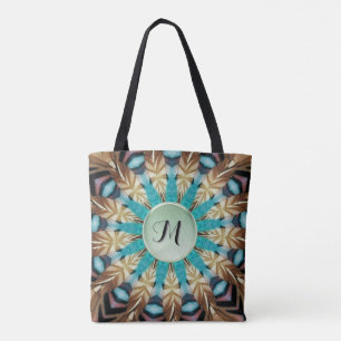 Tote Bag Plumes Turquoise, marron, bleu et vert Mandala Fou