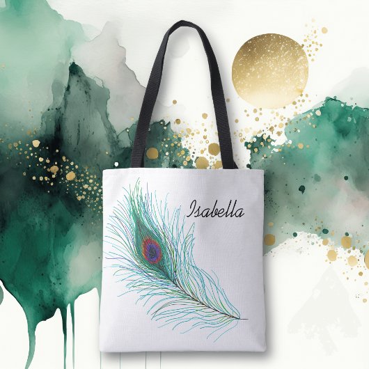 Tote Bag Plumes turquoise personnalisées Peacock