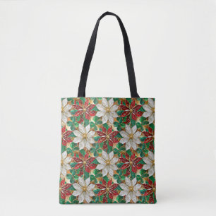 Tote Bag Poinsettia Blanc Rouge Vert Or