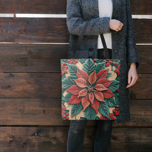 Tote Bag Poinsettia sur fond rouge