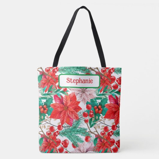 Tote Bag Poinsettias Élégantes, Baies Selles, Bouges De Pin (Devant)
