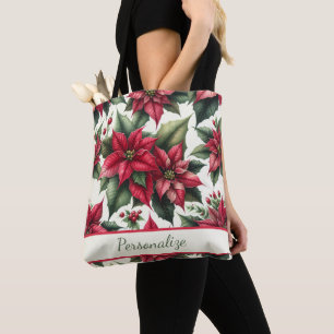 Tote Bag Poinsettias Rouges Élégants Feuilles Vertes Person