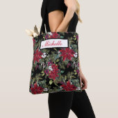 Tote Bag Poinsettias rouges et fleurs blanches sur noir (De près)