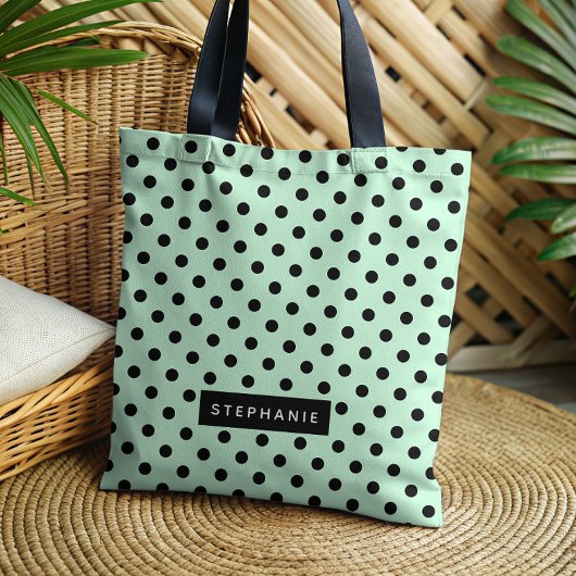 Tote Bag Point Polka Noir Vert Mint Moderne Personnalisé