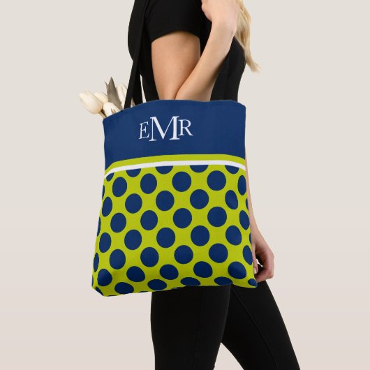Tote Bag Points de Navy Blue sur un Monogramme Vert Citron (De près)