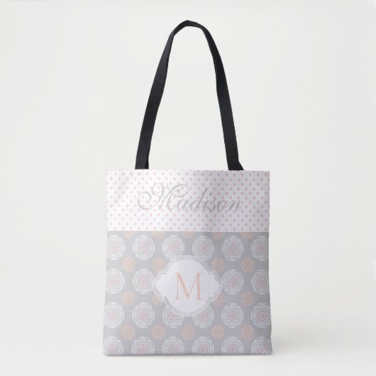Tote Bag Points Gris Peach Rose Tendance Monogramme Initial (Devant)