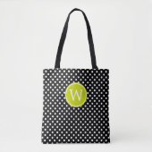 Tote Bag Points noirs et blancs avec monogramme vert citron (Devant)
