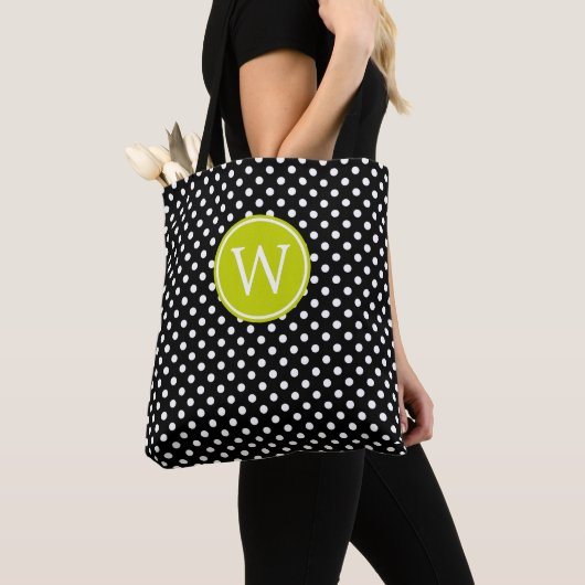 Tote Bag Points noirs et blancs avec monogramme vert citron (De près)