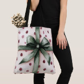 Tote Bag Points roses de Noël Ruban vert & Bow (De près)