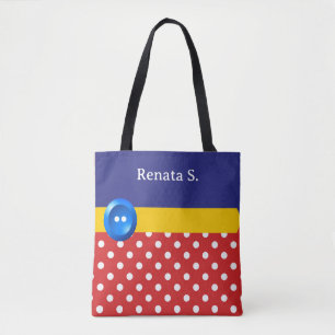 Tote Bag Points rouges et blancs et bouton bleu
