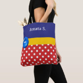 Tote Bag Points rouges et blancs et bouton bleu (De près)