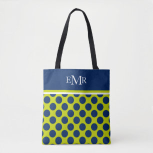Tote Bag Pois bleus de la marine sur le monogramme vert de