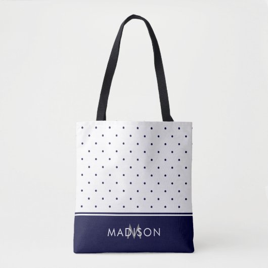 Tote Bag Pois de bleu marine et de blanc avec le monogramme (Devant)