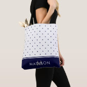 Tote Bag Pois de bleu marine et de blanc avec le monogramme (De près)