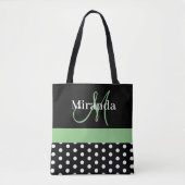 Tote Bag Pois de script de monogramme noir blanc vert (Devant)