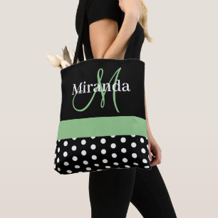 Tote Bag Pois de script de monogramme noir blanc vert