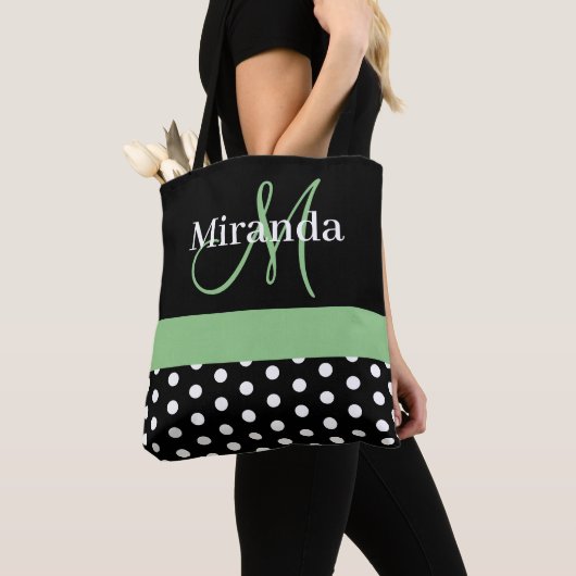 Tote Bag Pois de script de monogramme noir blanc vert (De près)
