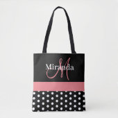 Tote Bag Pois de script de monogramme rose noir blanc (Devant)