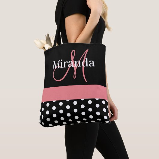 Tote Bag Pois de script de monogramme rose noir blanc (De près)