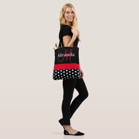 Tote Bag Pois de script de monogramme rouge noir (Sur le modèle)