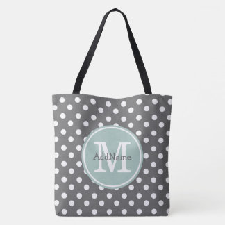 Tote Bag Pois gris, Monogramme de menthe et nom personnalis