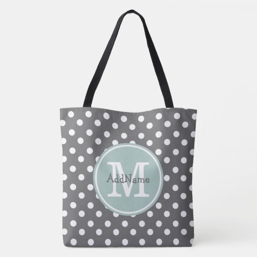Tote Bag Pois gris, Monogramme de menthe et nom personnalis (Dos)