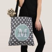 Tote Bag Pois gris, Monogramme de menthe et nom personnalis (De près)