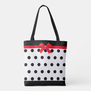 Tote Bag Pois noirs élégants avec ruban rouge