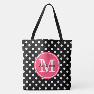 Tote Bag Pois noirs et blancs avec monogramme rose