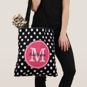 Tote Bag Pois noirs et blancs avec Monogramme rose (De près)
