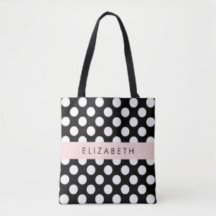 Tote Bag Pois noirs et blancs, pointillés, Votre nom