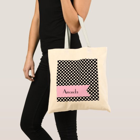 Tote Bag Pois noirs et blancs, pointillés, Votre nom (Devant (produit))