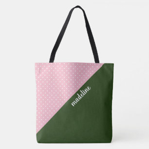 Tote Bag Pois rose/vert de bloc décoré d'un monogramme de