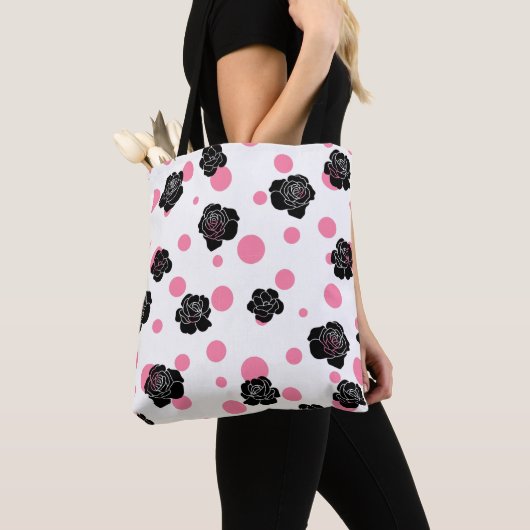 Tote Bag Pois roses et Roses noirs (De près)