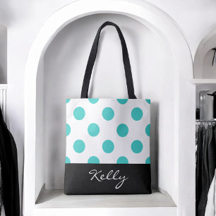 Tote Bag Pois turquoise avec Monogramme