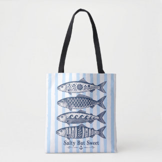 Tote Bag Poisson Marin à Rayure Bleue Salé Mais Sucré