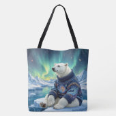 Tote Bag Polar Bear Sitting Under Northern Lights (Dos)
