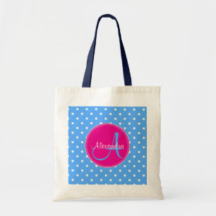 Tote Bag Polka point monogramme nom initial motif bleu rose
