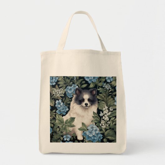 Tote Bag Poméranien noir et blanc avec Hydrangeas (Devant)