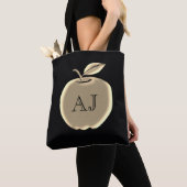 Tote Bag Pomme à huile noire et or Élégant Monogramme (De près)