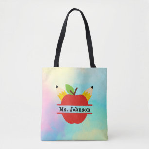 Tote Bag Pomme d'enseignant personnalisée Aquarelle arc-e