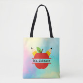 Tote Bag Pomme d'enseignant personnalisée| Aquarelle arc-en (Devant)