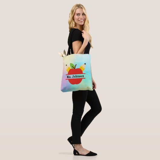 Tote Bag Pomme d'enseignant personnalisée| Aquarelle arc-en (Sur le modèle)