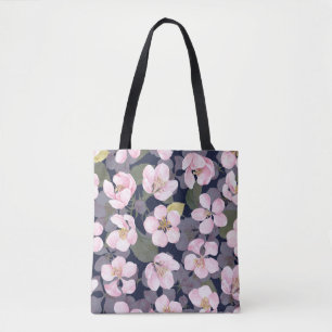 Tote Bag Pomme en fleurs : Aquarelle bleu foncé