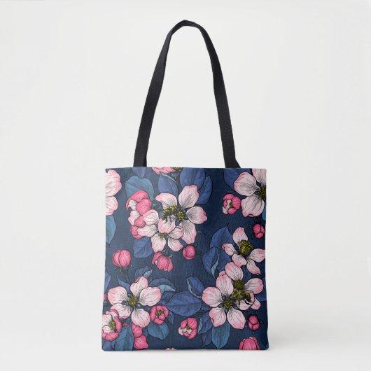 Tote Bag Pomme fleurit sur un bleu foncé (Devant)