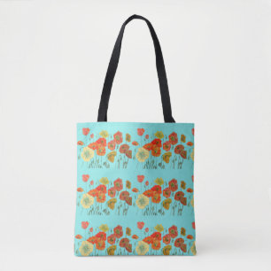 Tote Bag Poppies de pavot jaune orange rouge Aqua aux fleur