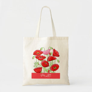 Tote Bag Poppies roses rouges Art Personnalisé Monogramme p